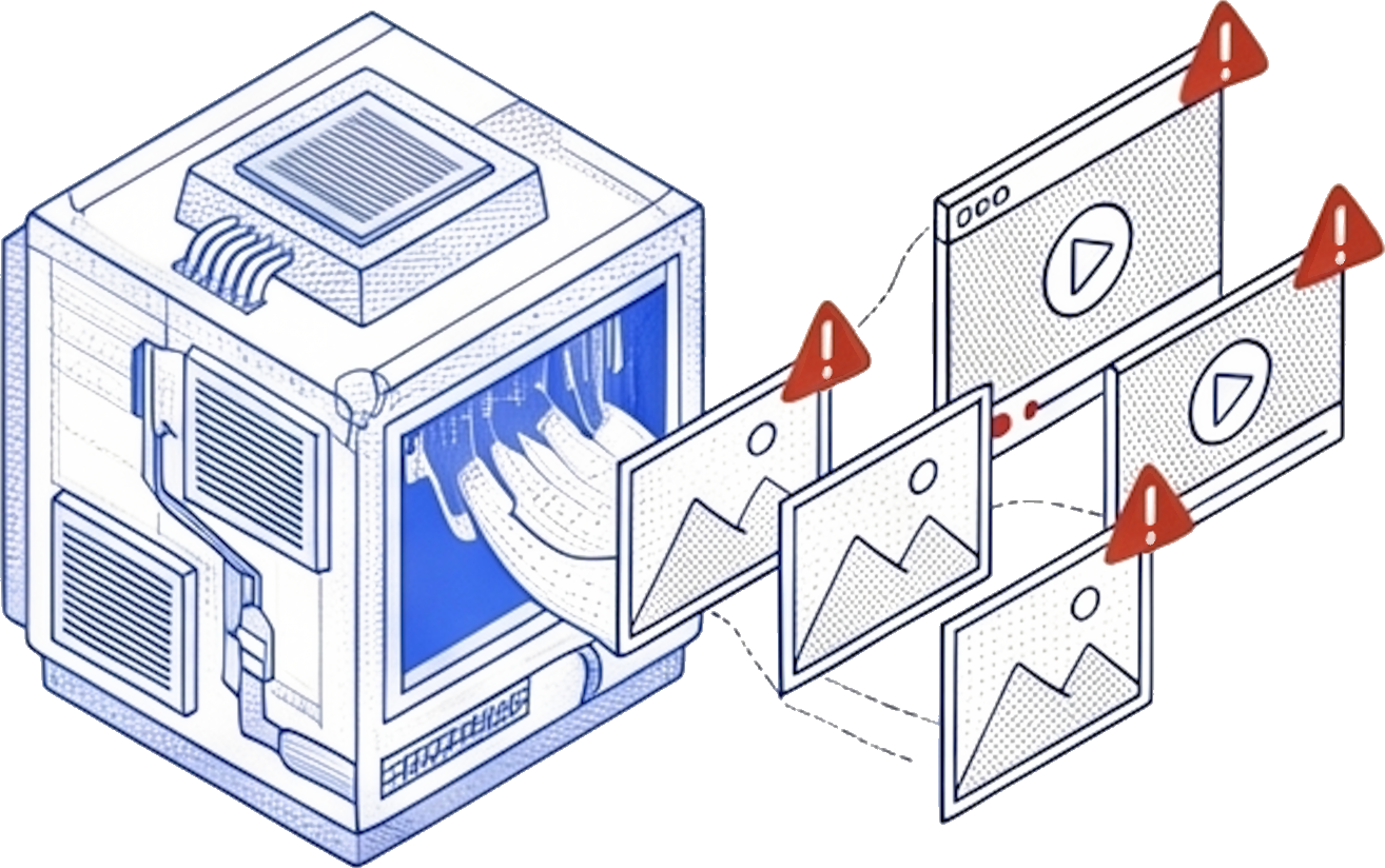 Stylised machine extruding a stream of image and video artefacts, each marked with a warning triangle — visual content generated at industrial scale.