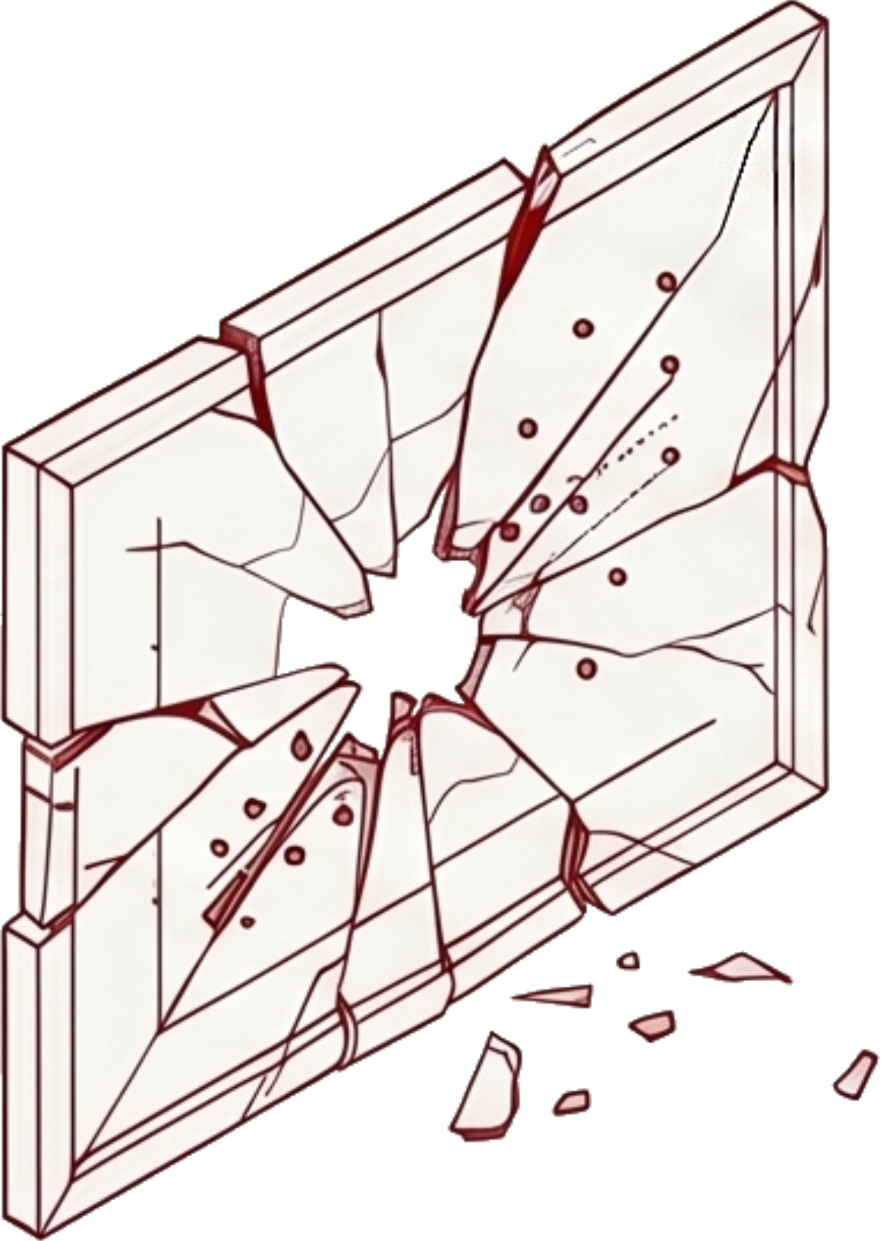 A shattered scientific figure frame with glass fragments breaking off — the corrupted scientific record.