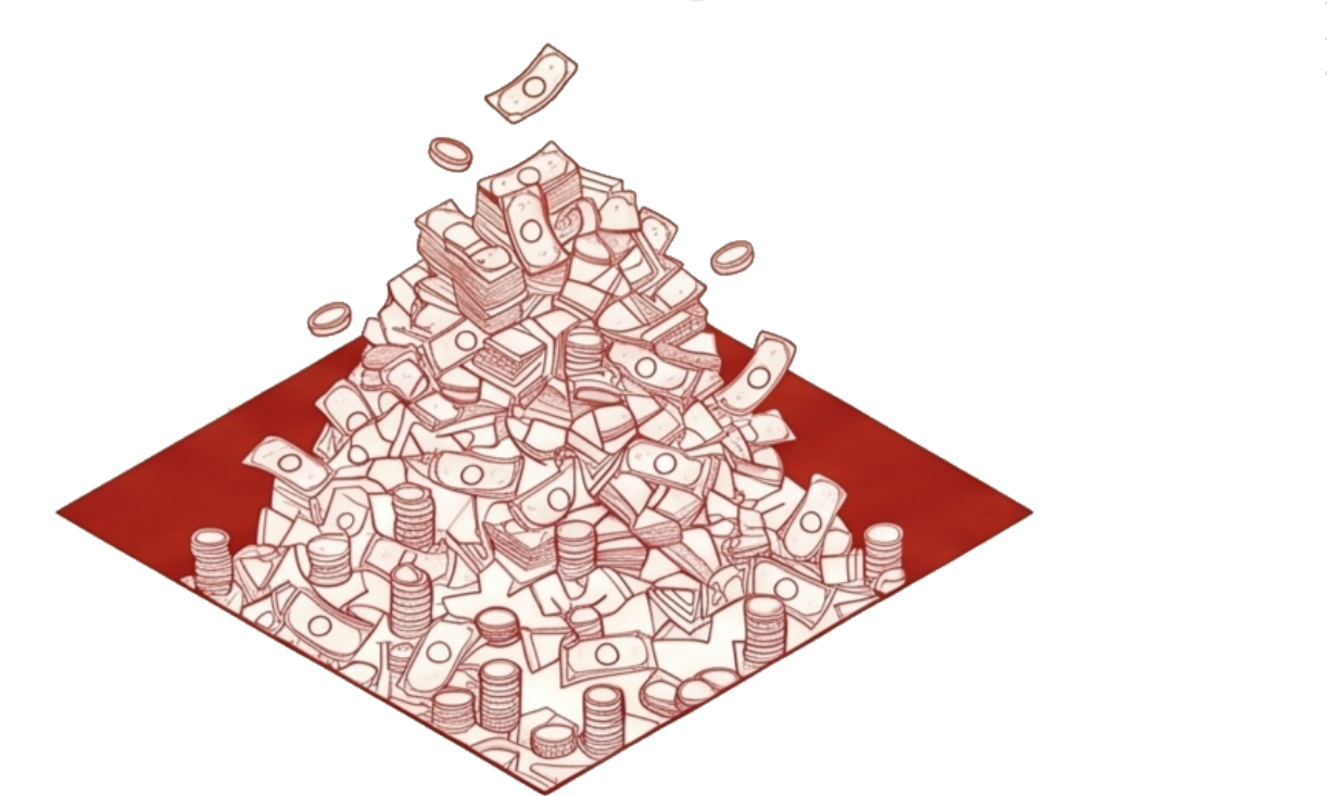An isometric pile of cash and coins on a red square — the financial loss accumulating from unverifiable digital artefacts.